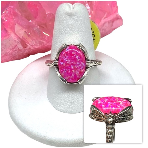 Hand Crafted Jewelry - Hot Pink Fire Opal Ring Size 9 Solid 925 Sterling Silver Boho Stone Dragonfly